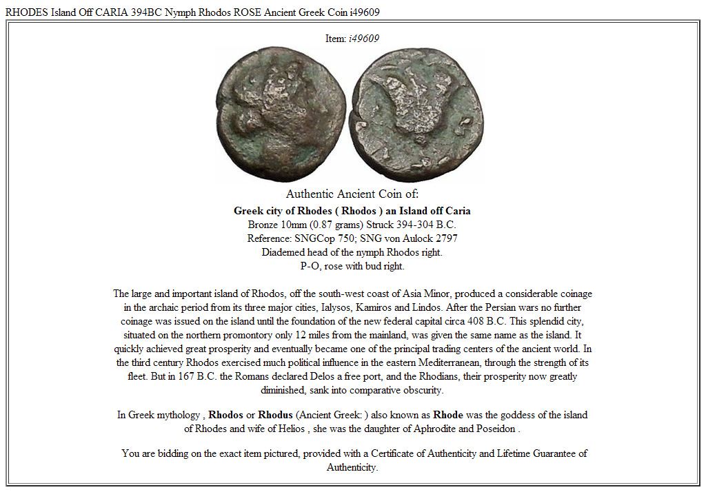 RHODES Island Off CARIA 394BC Nymph Rhodos ROSE Ancient Greek Coin i49609