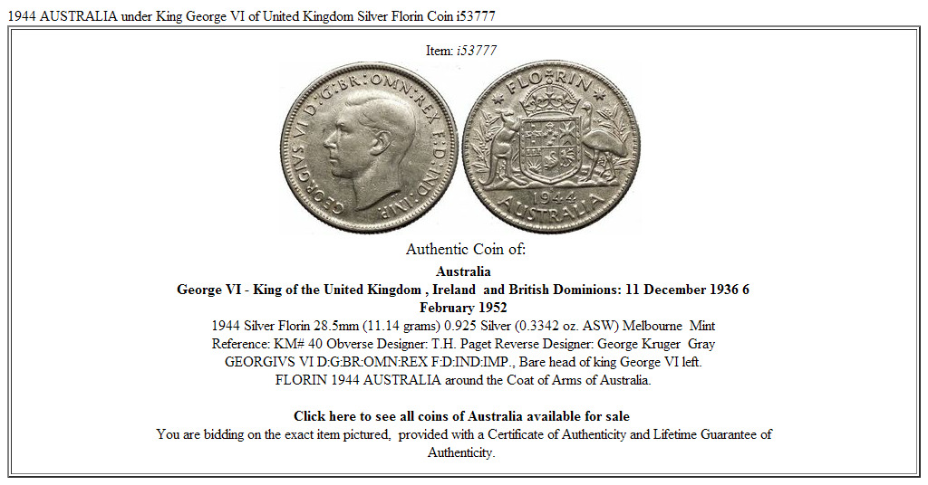 1944 AUSTRALIA under King George VI of United Kingdom Silver Florin Coin i53777