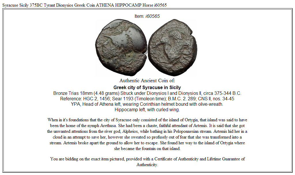 Syracuse Sicily 375BC Tyrant Dionysios Greek Coin ATHENA HIPPOCAMP Horse i60565