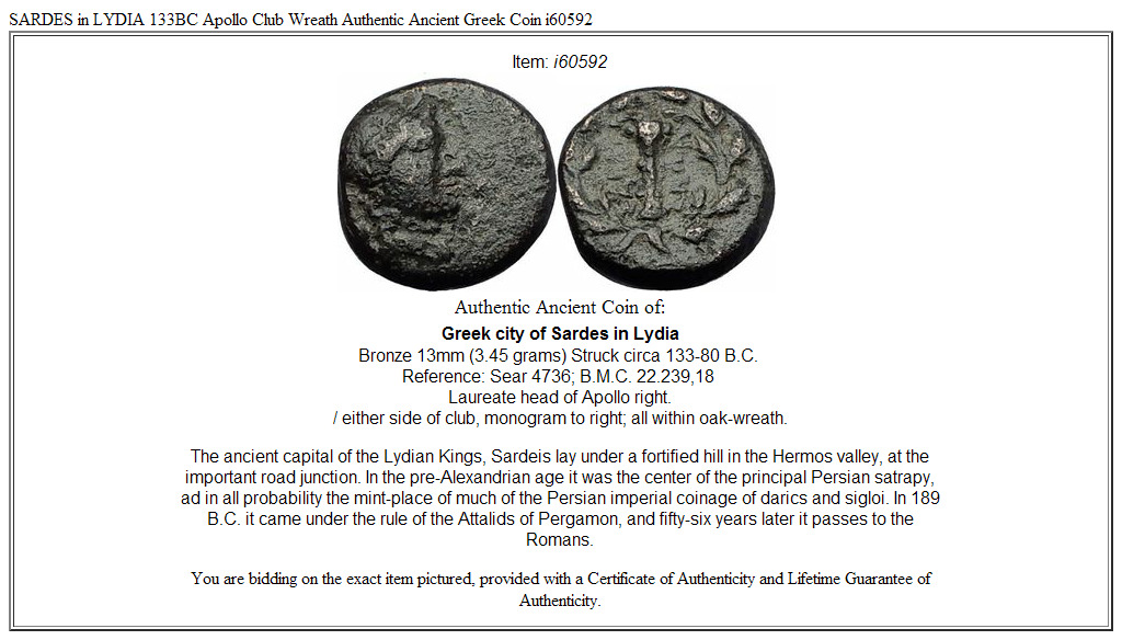 SARDES in LYDIA 133BC Apollo Club Wreath Authentic Ancient Greek Coin i60592