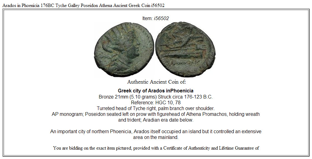 Arados in Phoenicia 176BC Tyche Galley Poseidon Athena Ancient Greek Coin i56502