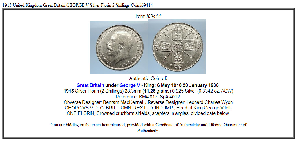 1915 United Kingdom Great Britain GEORGE V Silver Florin 2 Shillings Coin i69414