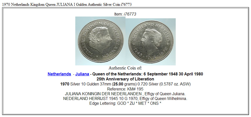 1970 Netherlands Kingdom Queen JULIANA I Gulden Authentic Silver Coin i76773