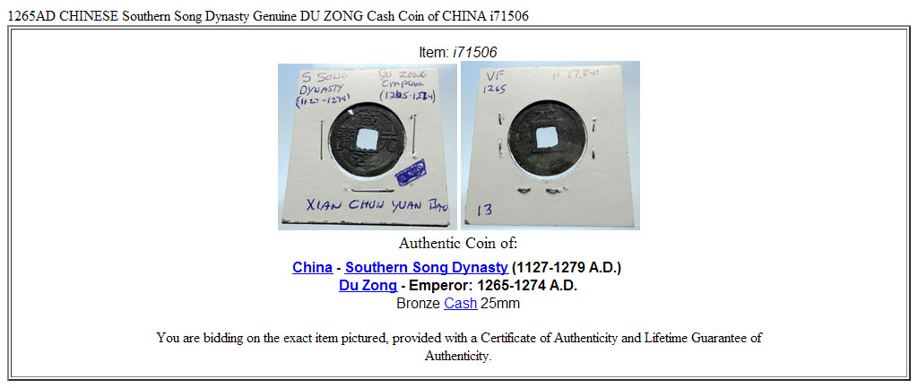 1265AD CHINESE Southern Song Dynasty Genuine DU ZONG Cash Coin of CHINA i71506