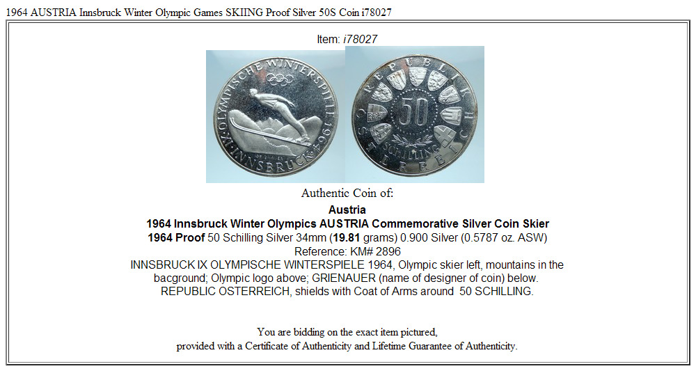 1964 AUSTRIA Innsbruck Winter Olympic Games SKIING Proof Silver 50S Coin i78027