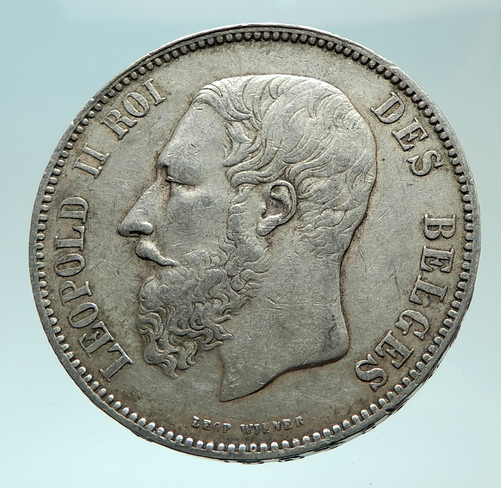 1873 BELGIUM with King LEOPOLD II and LION Genuine Silver 5 Francs Coin i75940