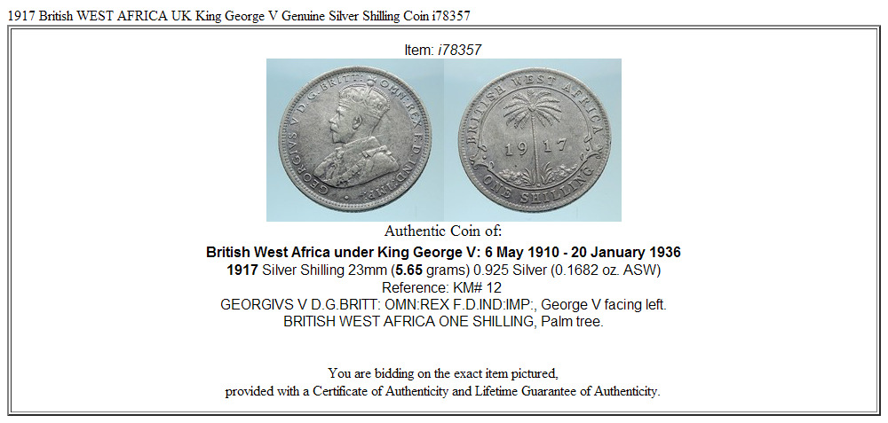 1917 British WEST AFRICA UK King George V Genuine Silver Shilling Coin i78357