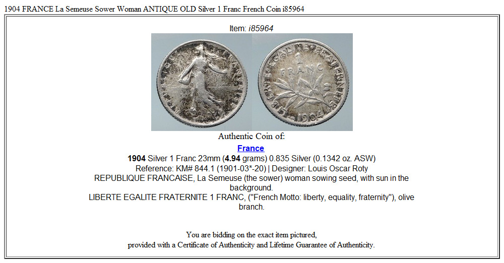 1904 FRANCE La Semeuse Sower Woman ANTIQUE OLD Silver 1 Franc French Coin i85964