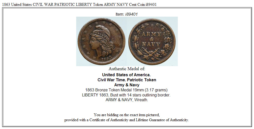 1863 United States CIVIL WAR PATRIOTIC LIBERTY Token ARMY NAVY Cent Coin i89401