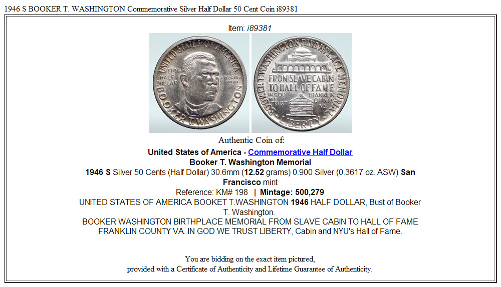 1946 S BOOKER T. WASHINGTON Commemorative Silver Half Dollar 50 Cent Coin i89381