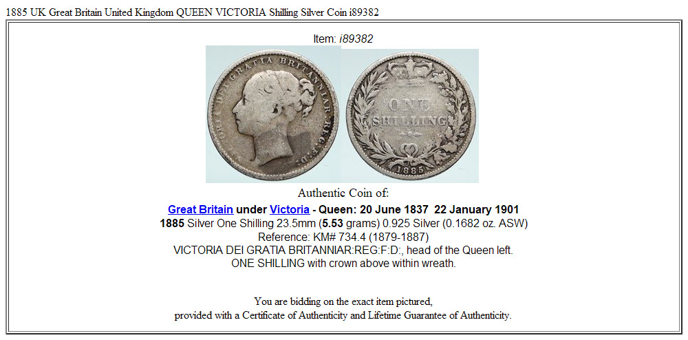 1885 UK Great Britain United Kingdom QUEEN VICTORIA Shilling Silver Coin i89382