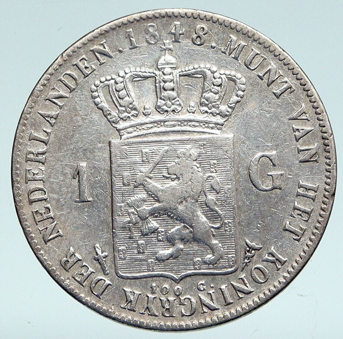 1848 Netherlands King WILLIAM II Wreath ANTIQUE OLD Silver Gulden Coin i89379