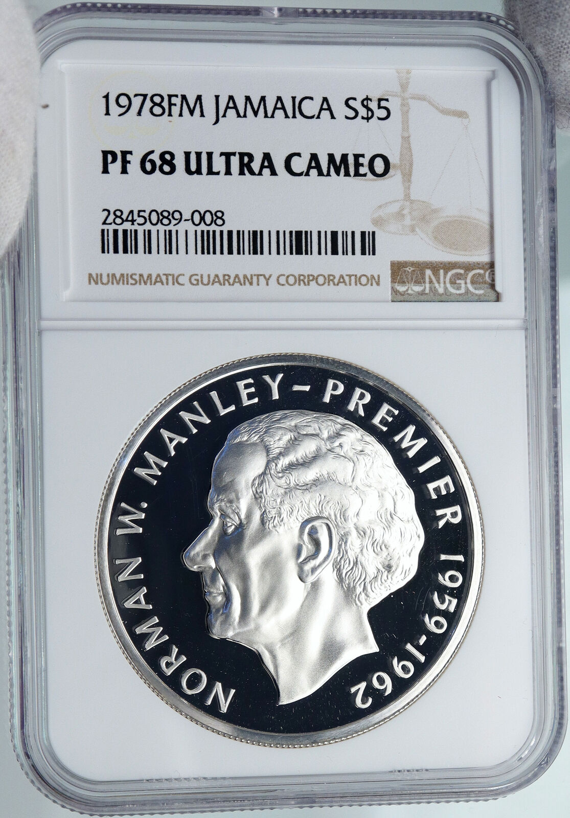 1974 JAMAICA Proof HUGE 4.5cm Premier Norman W Manley Silver $5 Coin NGC i87826