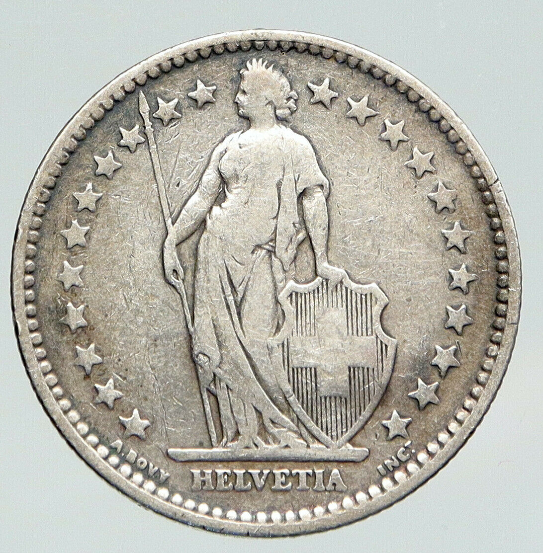 1886 SWITZERLAND - HELVETIA Symbolizes SWISS Nation SILVER 2 Francs Coin i91677