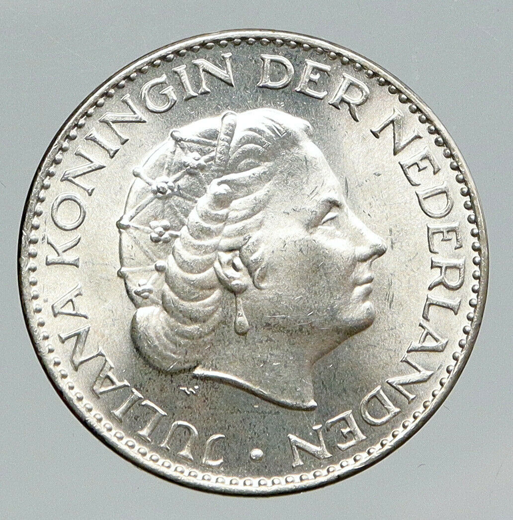 1965 NETHERLANDS Kingdom Queen JULIANA Vintage OLD Silver 1 Gulden Coin i91673