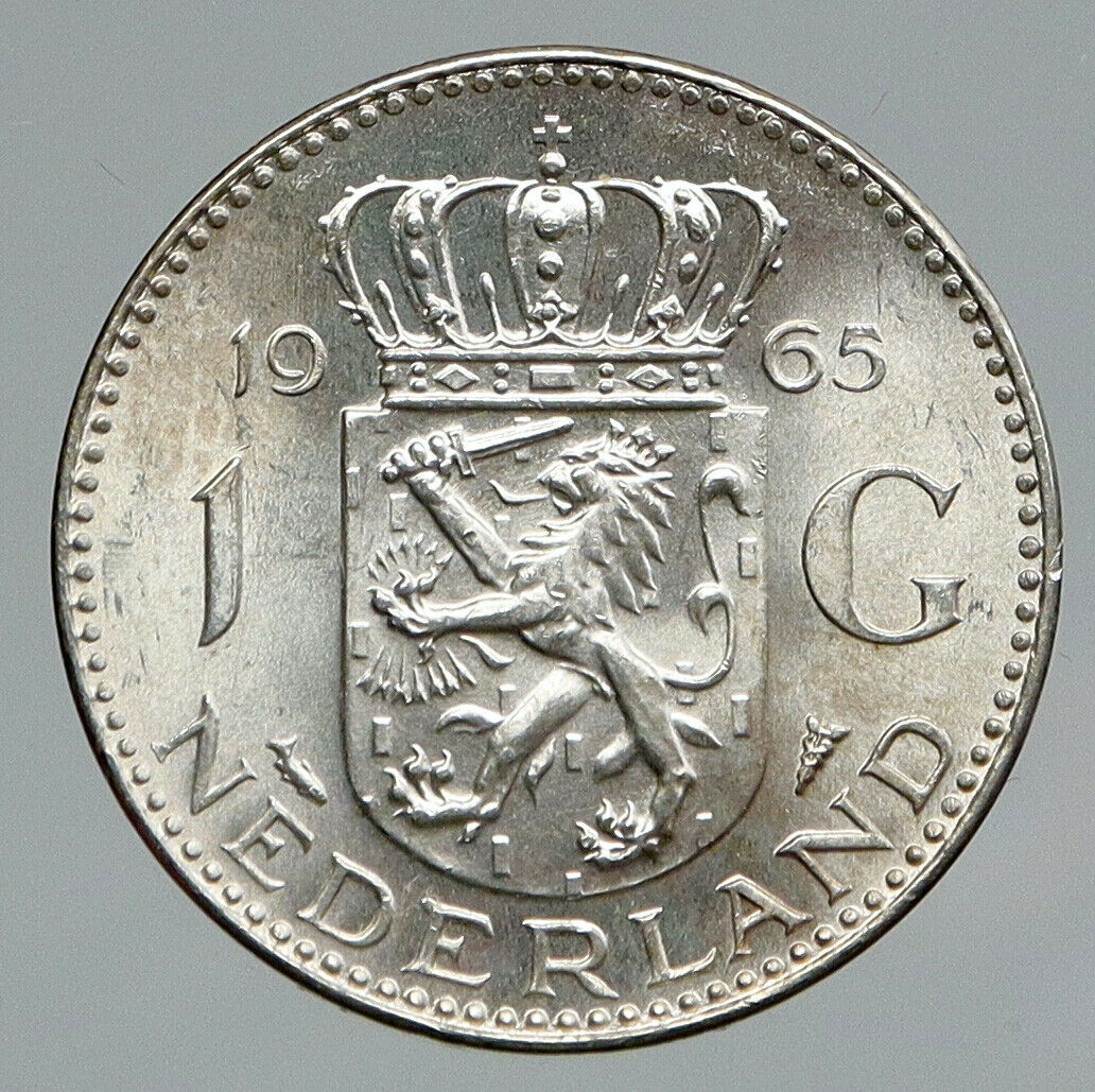 1965 NETHERLANDS Kingdom Queen JULIANA Vintage OLD Silver 1 Gulden Coin i91673