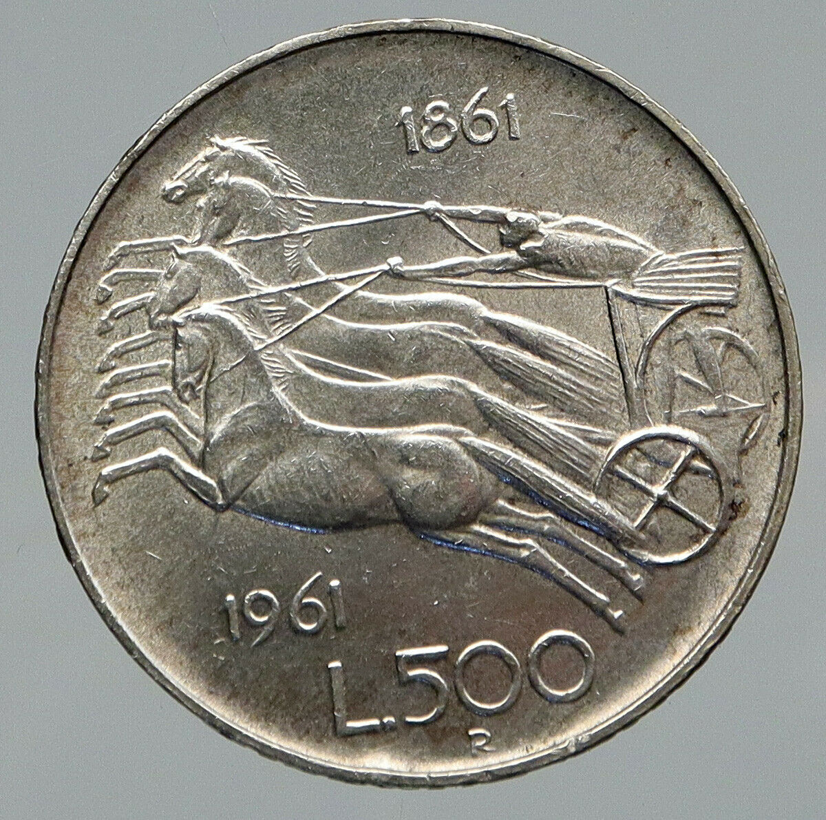 1961 ITALY Silver 500 Lire Coin ITALIAN UNIFICATION Rome Capital CHARIOT i91678