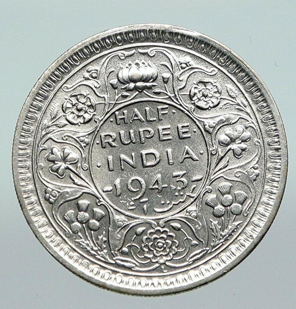 1943L INDIA States UK King George VI ANTIQUE Silver 1/2 RUPEE Indian Coin i91266