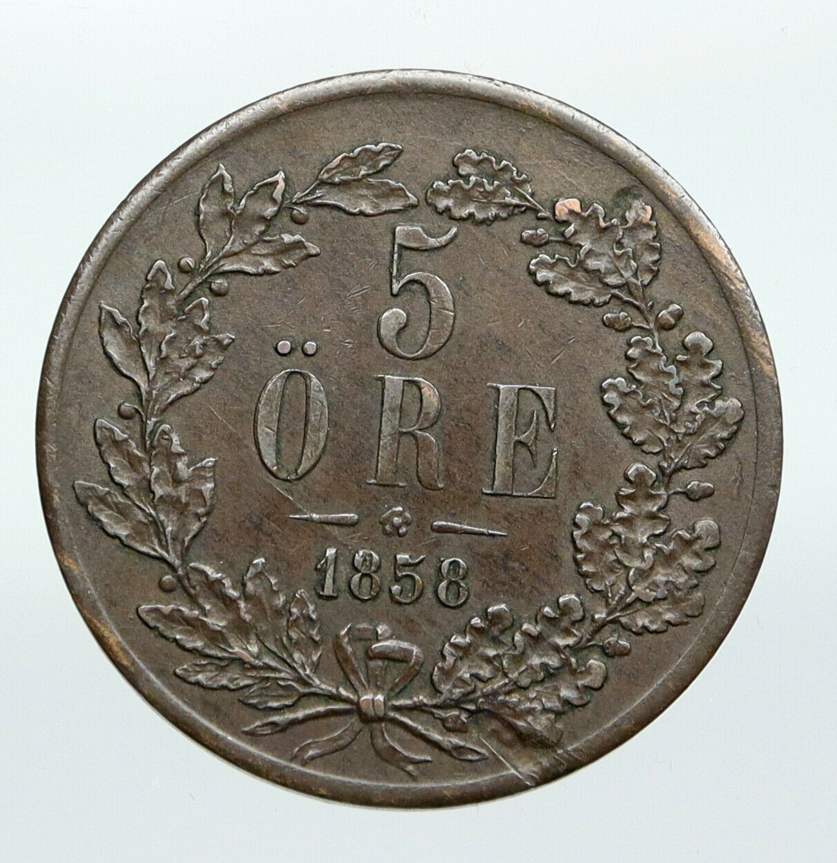 1858 Sweden KING OSCAR I Wreath Swedish Antique VINTAGE OLD 5 Ore Coin i91273