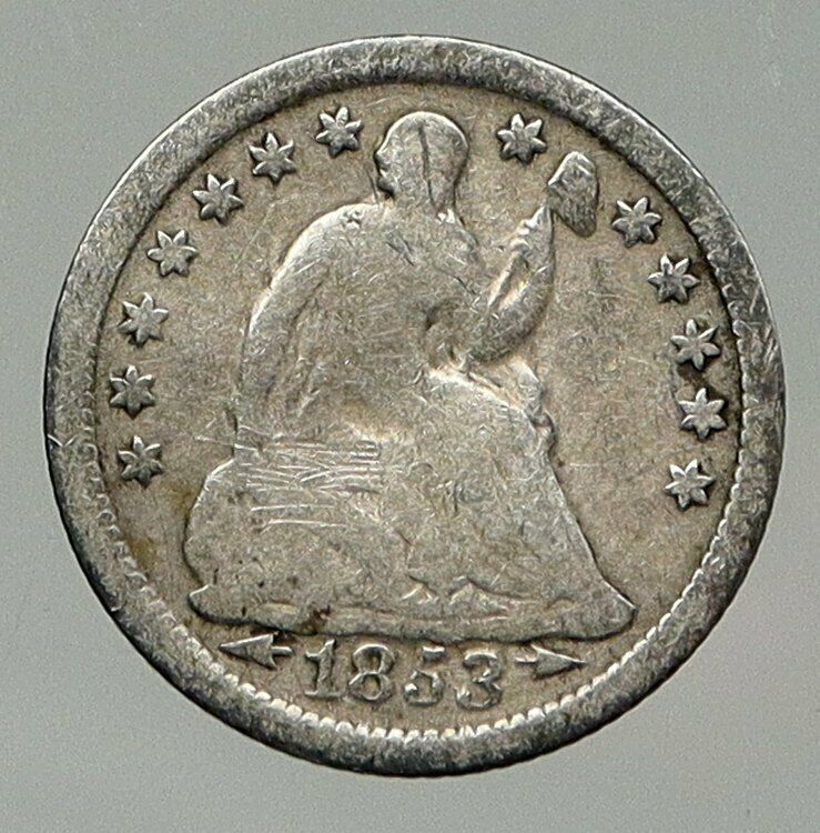 1853 UNITED STATES US Silver SEATED LIBERTY Antique Silver Half Dime Coin i92661