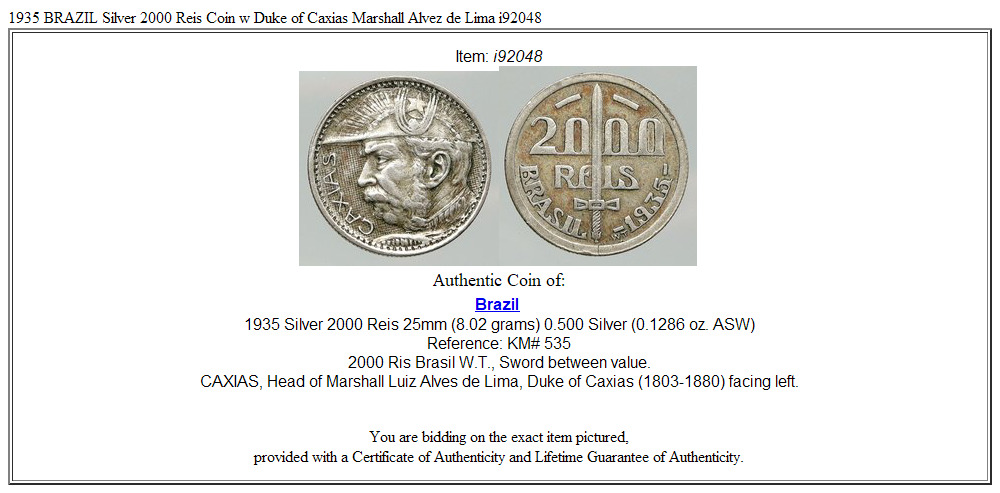 1935 BRAZIL Silver 2000 Reis Coin w Duke of Caxias Marshall Alvez de Lima i92048