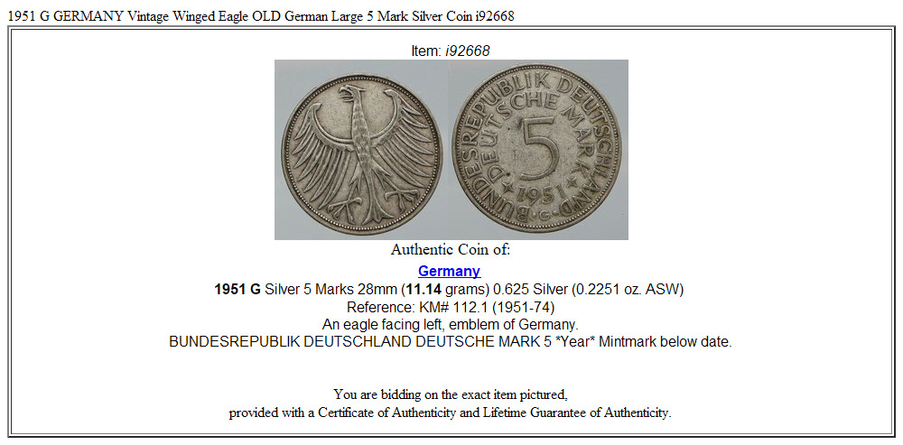 1951 G GERMANY Vintage Winged Eagle OLD German Large 5 Mark Silver Coin i92668