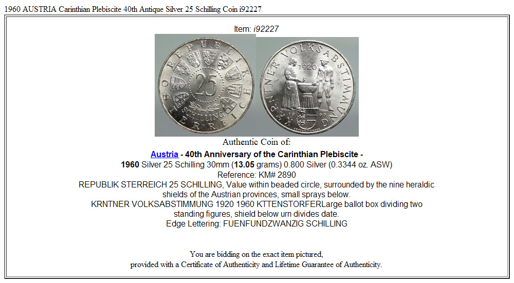 1960 AUSTRIA Carinthian Plebiscite 40th Antique Silver 25 Schilling Coin i92227