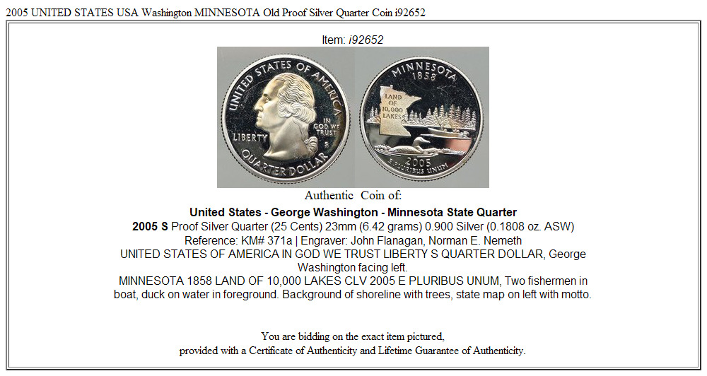 2005 UNITED STATES USA Washington MINNESOTA Old Proof Silver Quarter Coin i92652