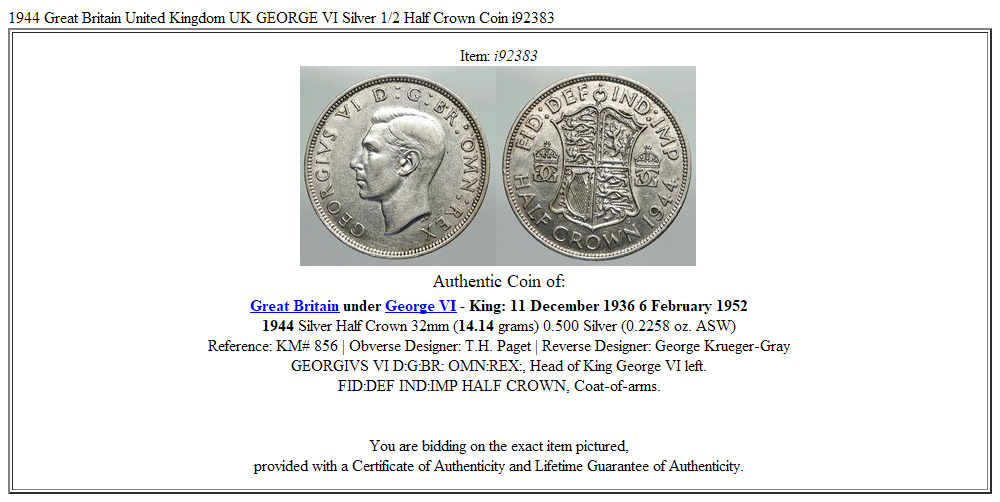 1944 Great Britain United Kingdom UK GEORGE VI Silver 1/2 Half Crown Coin i92383