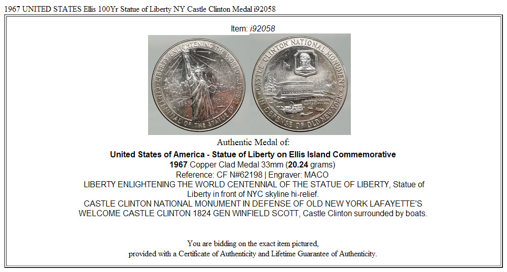 1967 UNITED STATES Ellis 100Yr Statue of Liberty NY Castle Clinton Medal i92058