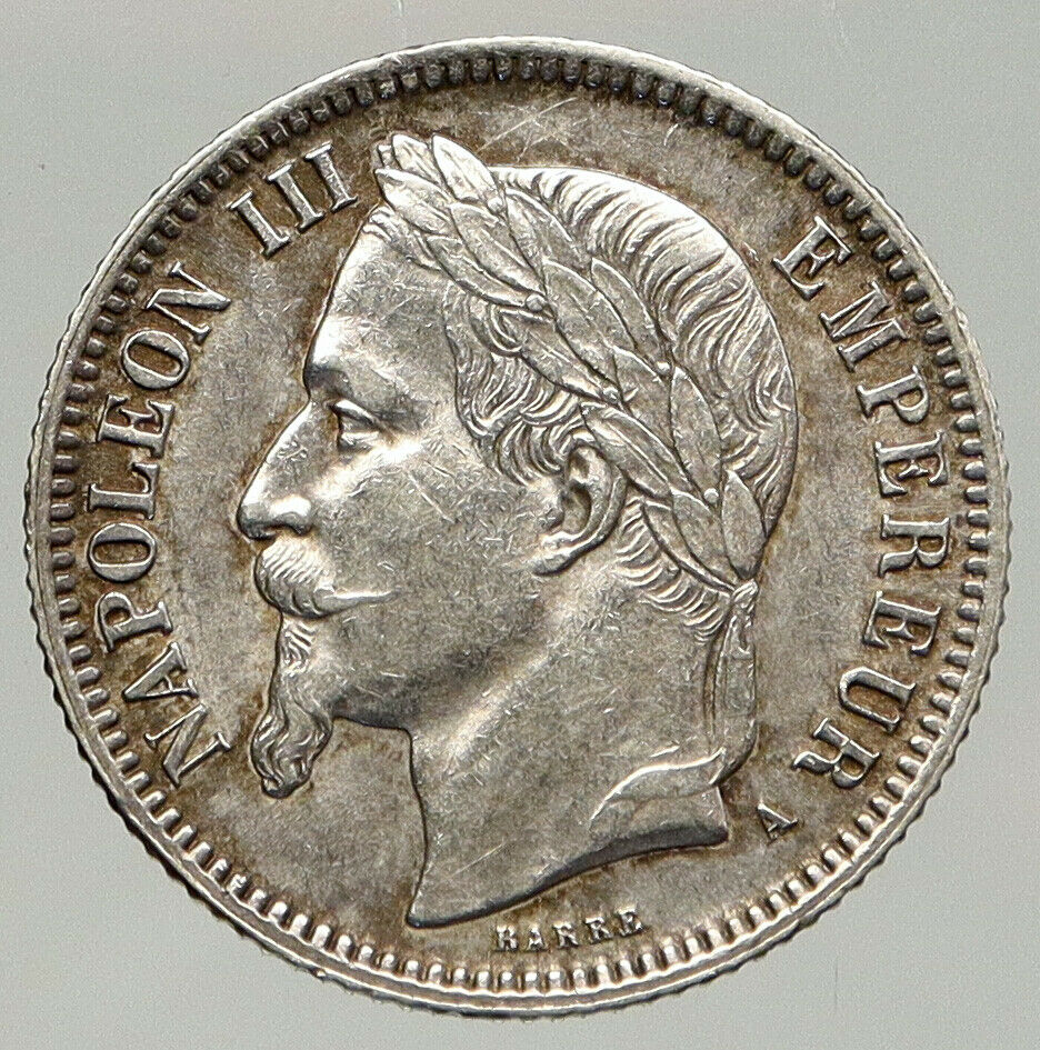 1867 FRANCE Emperor NAPOLEON III Genuine Arms Silver Franc French Coin i92583