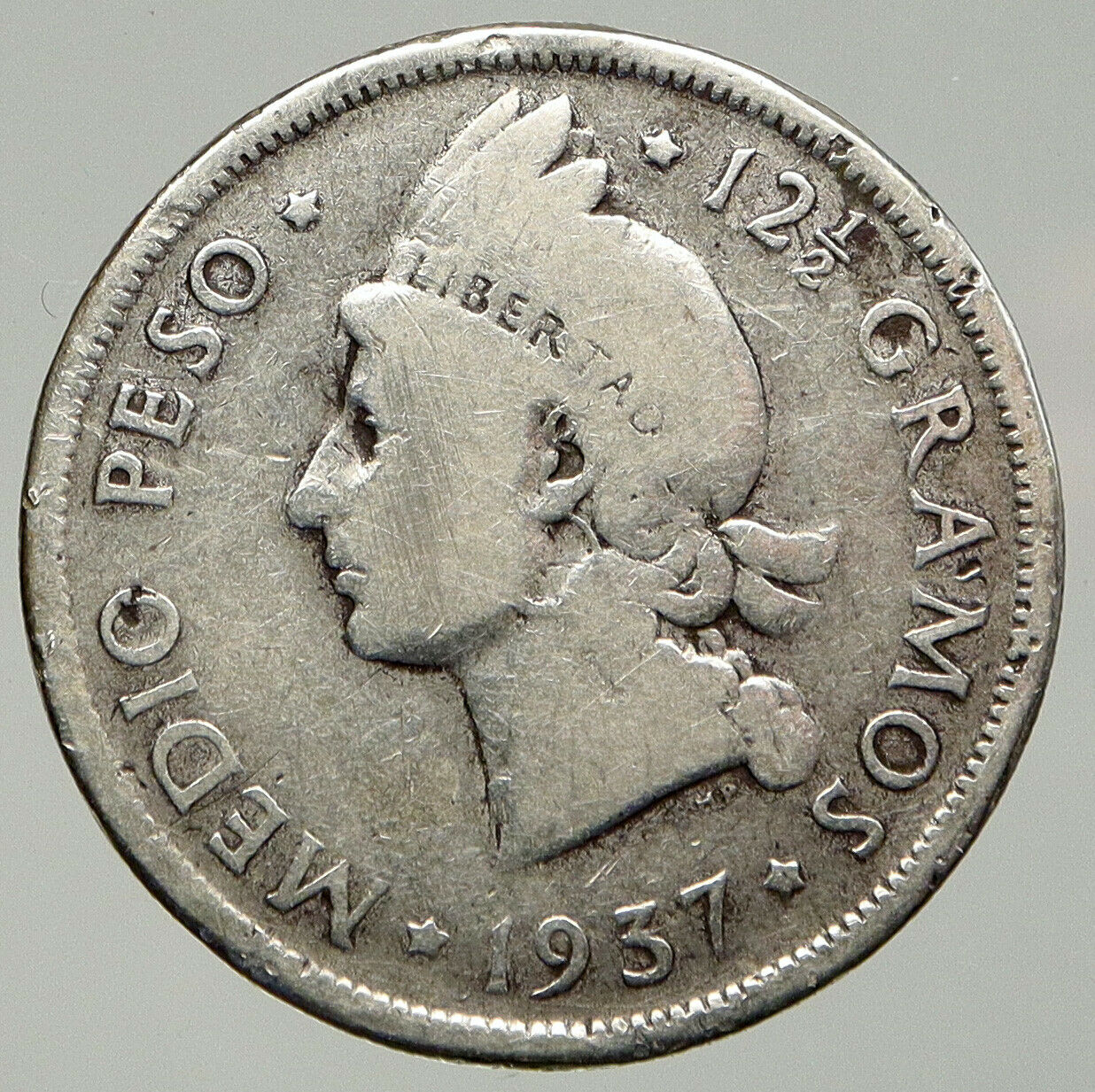 1937 DOMINICAN REPUBLIC Silver Liberty LIBERTO Silver MEDIO 1/2 PESO Coin i92589