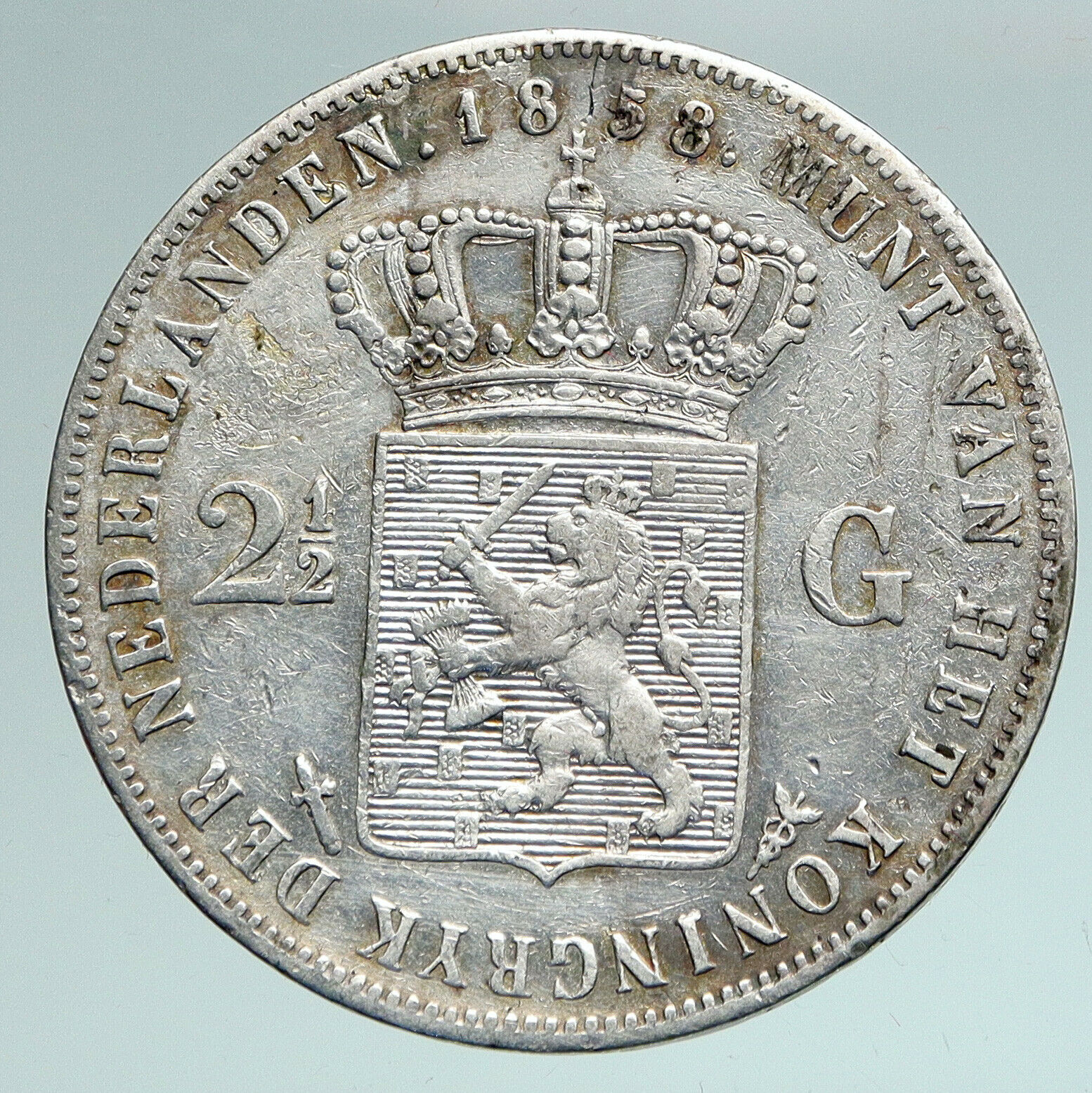 1858 NETHERLANDS Wilhelm III Antique VINTAGE Silver Old 2 1/2 Gulden Coin i90907