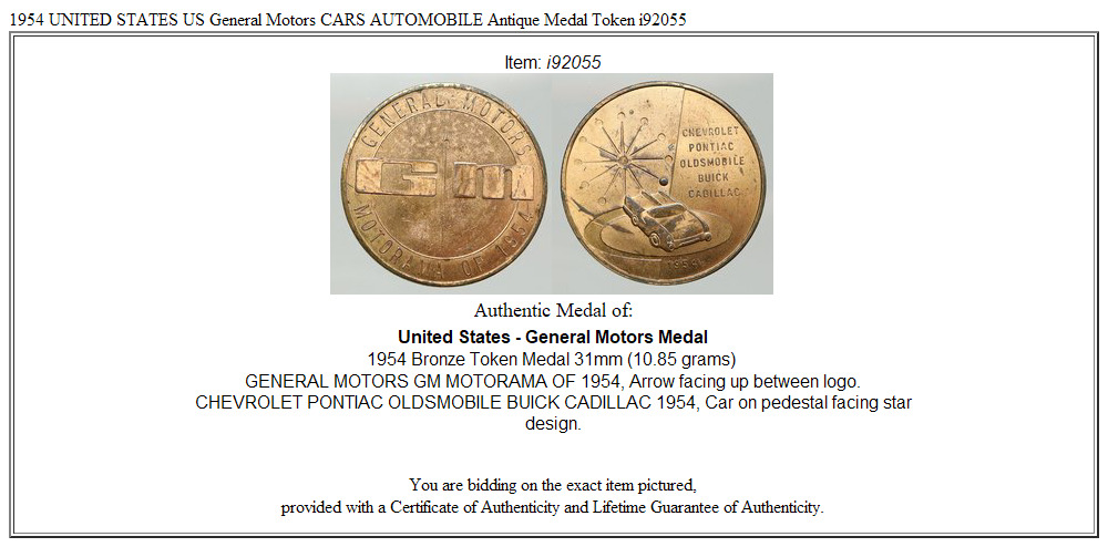 1954 UNITED STATES US General Motors CARS AUTOMOBILE Antique Medal Token i92055