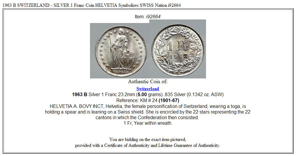 1963 B SWITZERLAND - SILVER 1 Franc Coin HELVETIA Symbolizes SWISS Nation i92664