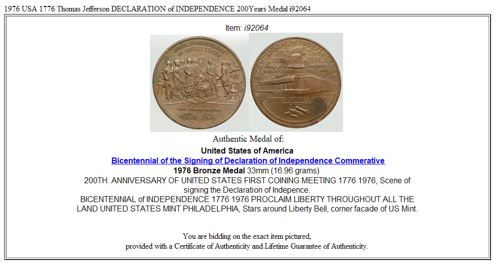 1976 USA 1776 Thomas Jefferson DECLARATION of INDEPENDENCE 200Years Medal i92064