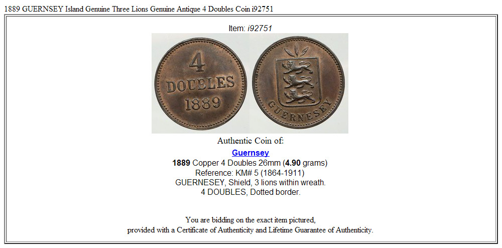 1889 GUERNSEY Island Genuine Three Lions Genuine Antique 4 Doubles Coin i92751