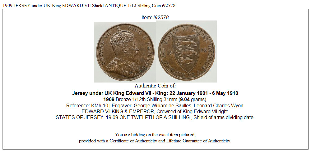 1909 JERSEY under UK King EDWARD VII Shield ANTIQUE 1/12 Shilling Coin i92578