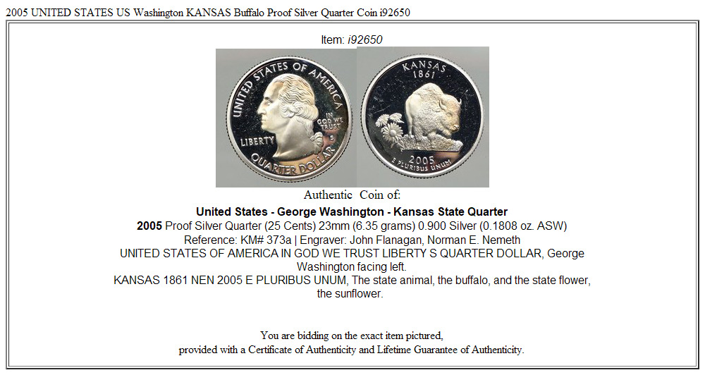 2005 UNITED STATES US Washington KANSAS Buffalo Proof Silver Quarter Coin i92650