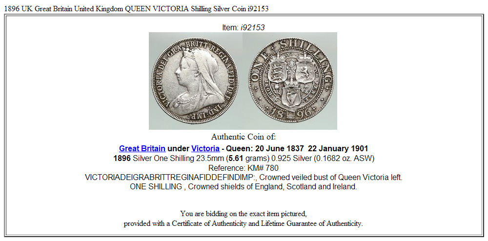 1896 UK Great Britain United Kingdom QUEEN VICTORIA Shilling Silver Coin i92153