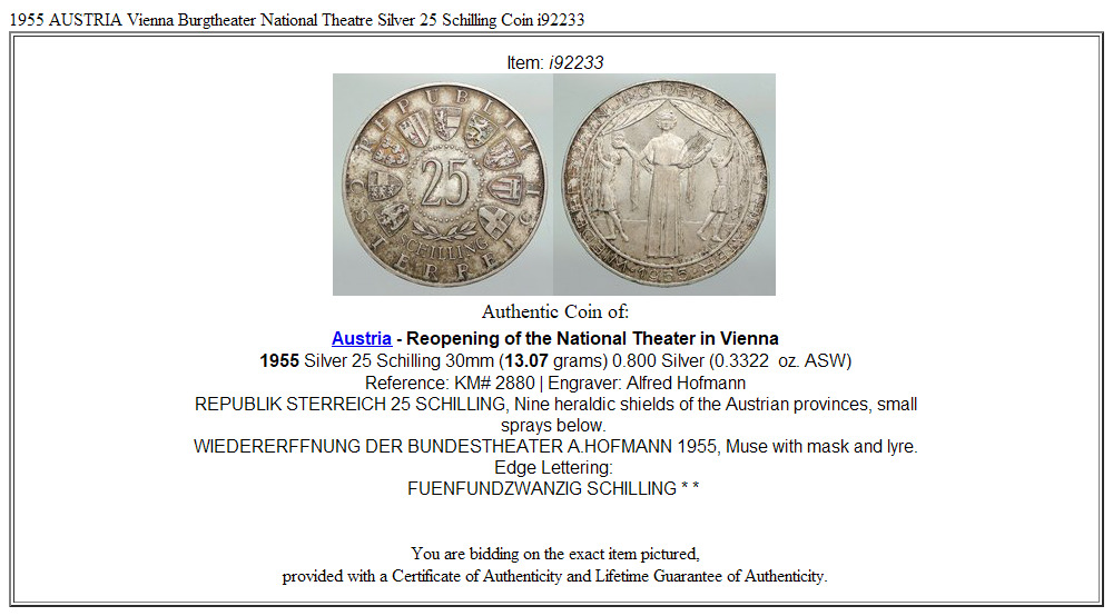 1955 AUSTRIA Vienna Burgtheater National Theatre Silver 25 Schilling Coin i92233