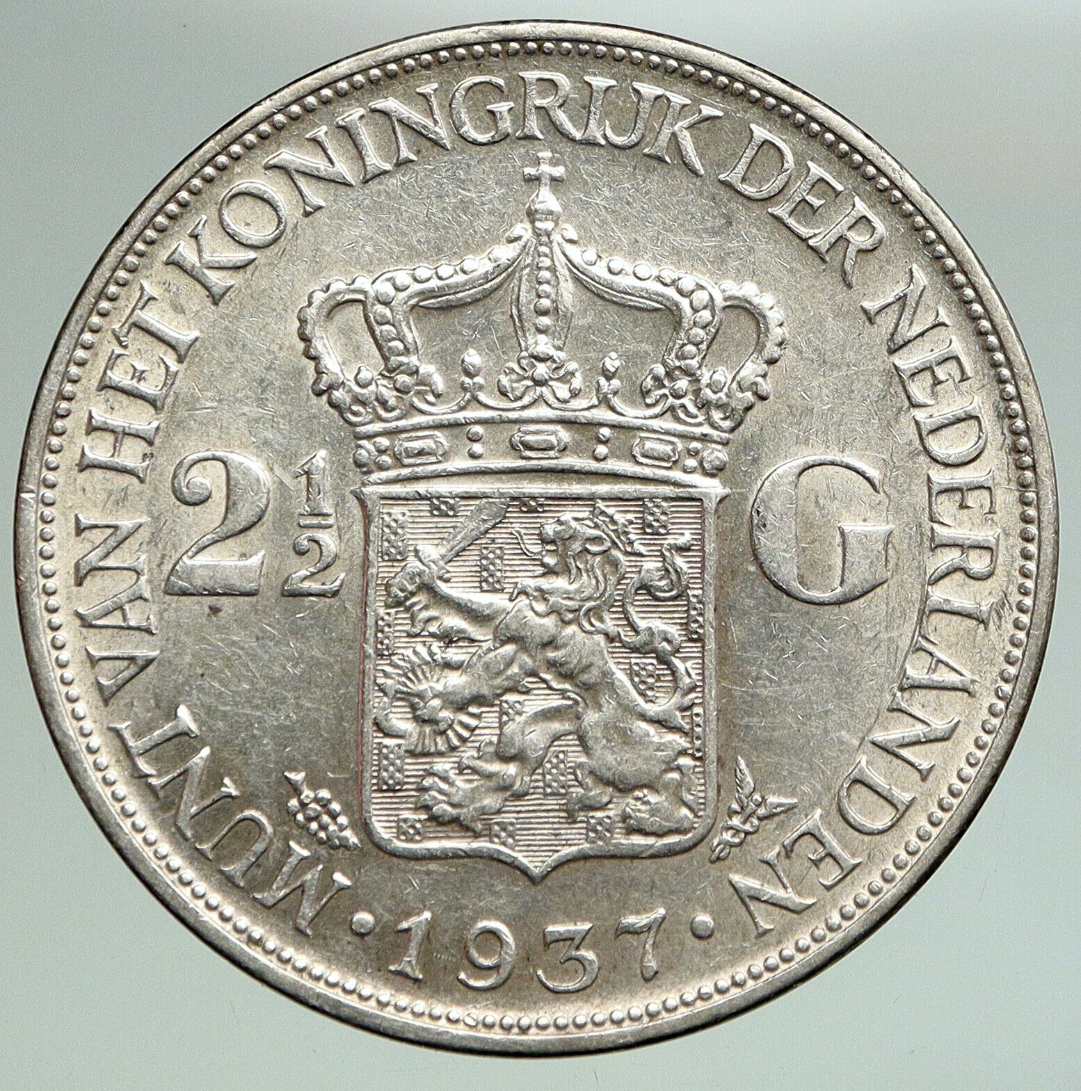 1937 Netherlands Kingdom Queen WILHELMINA 2 1/2 Gulden BIG Silver Coin i92148