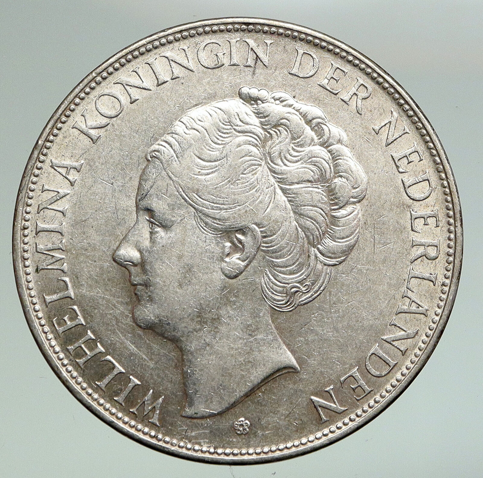 1937 Netherlands Kingdom Queen WILHELMINA 2 1/2 Gulden BIG Silver Coin i92148