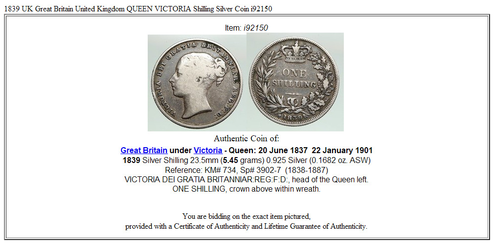 1839 UK Great Britain United Kingdom QUEEN VICTORIA Shilling Silver Coin i92150