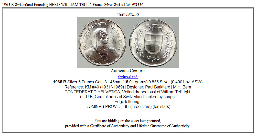 1965 B Switzerland Founding HERO WILLIAM TELL 5 Francs Silver Swiss Coin i92556