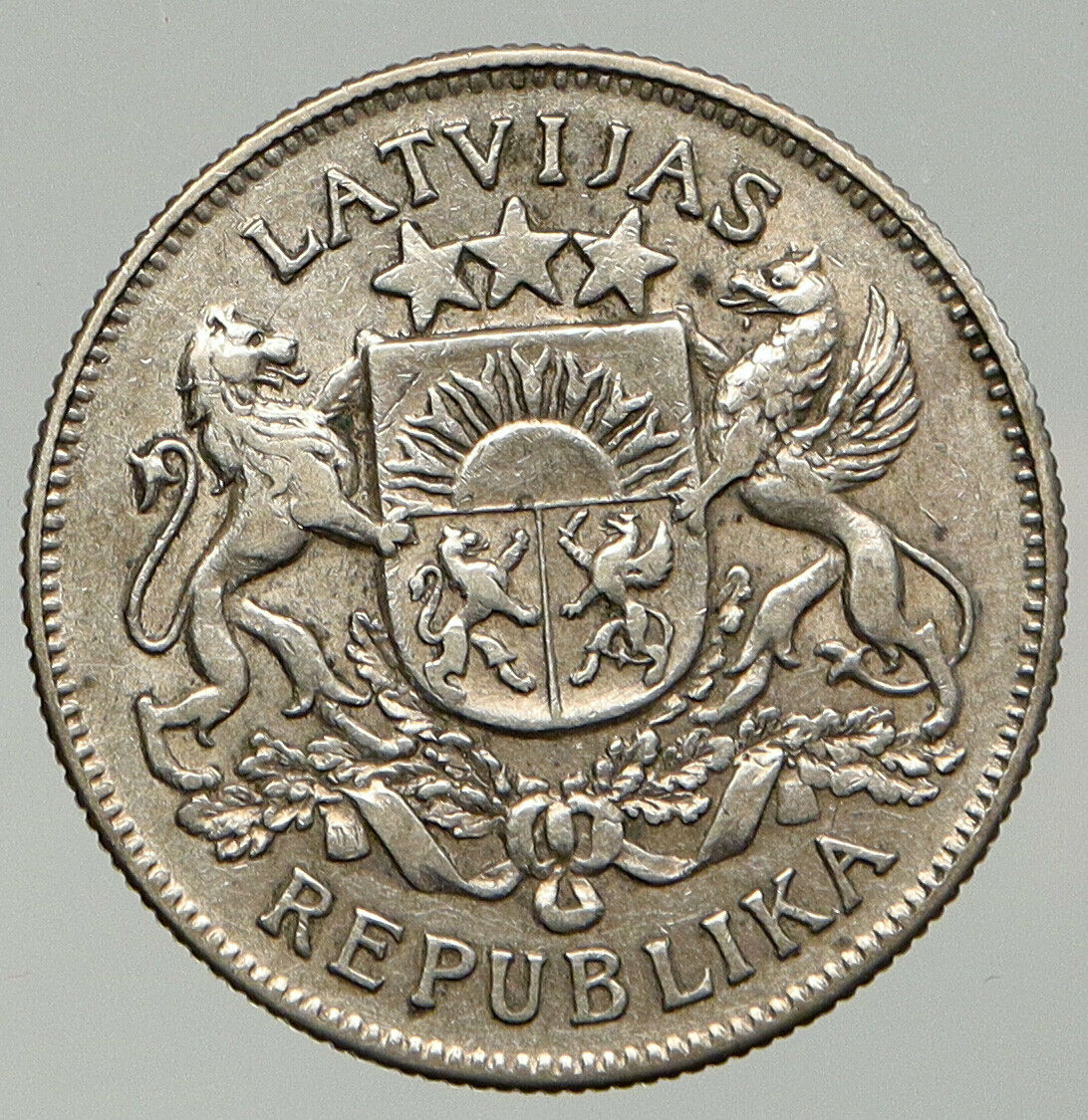 1925 LATVIA Lions Shield ANTIQUE OLD Vintage Silver European 2 Lati Coin i92557