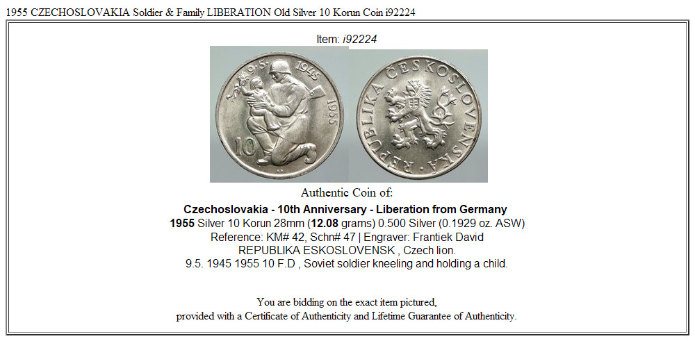 1955 CZECHOSLOVAKIA Soldier & Family LIBERATION Old Silver 10 Korun Coin i92224