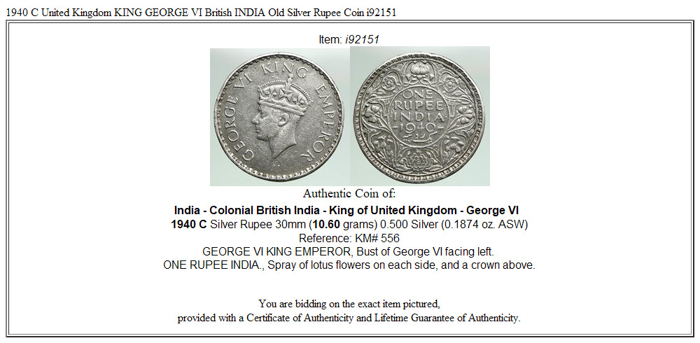 1940 C United Kingdom KING GEORGE VI British INDIA Old Silver Rupee Coin i92151