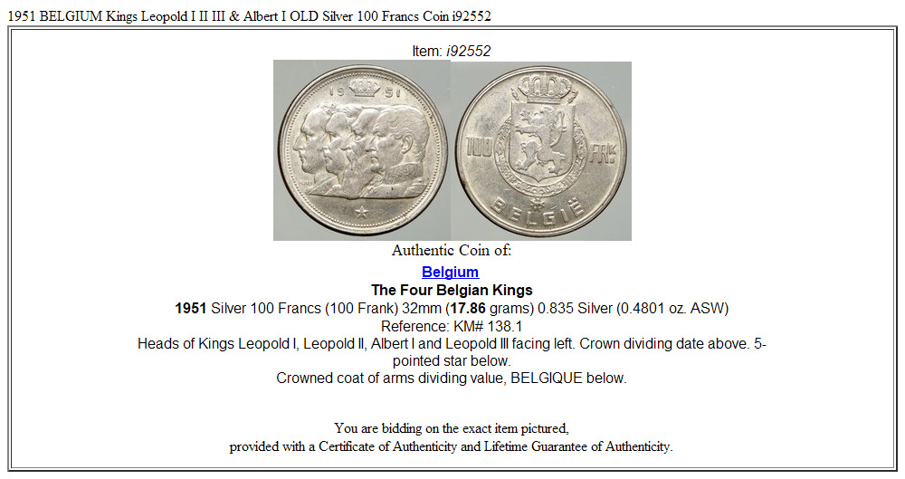 1951 BELGIUM Kings Leopold I II III & Albert I OLD Silver 100 Francs Coin i92552