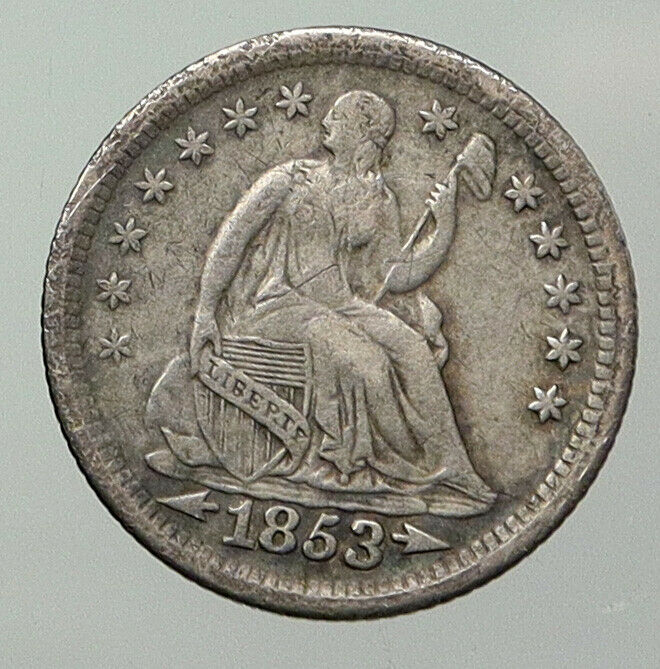 1853 P UNITED STATES US Silver SEATED LIBERTY OLD Silver Half Dime Coin i93018